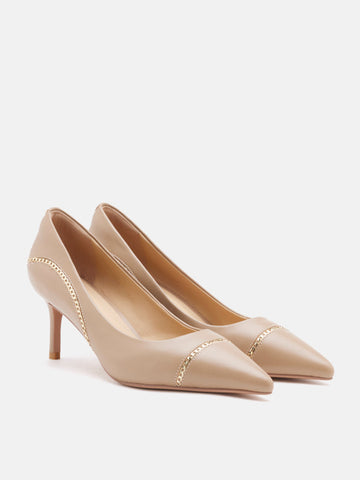 PAZZION, Viv Chain-Trimmed Pointed Leather Flats, Almond
